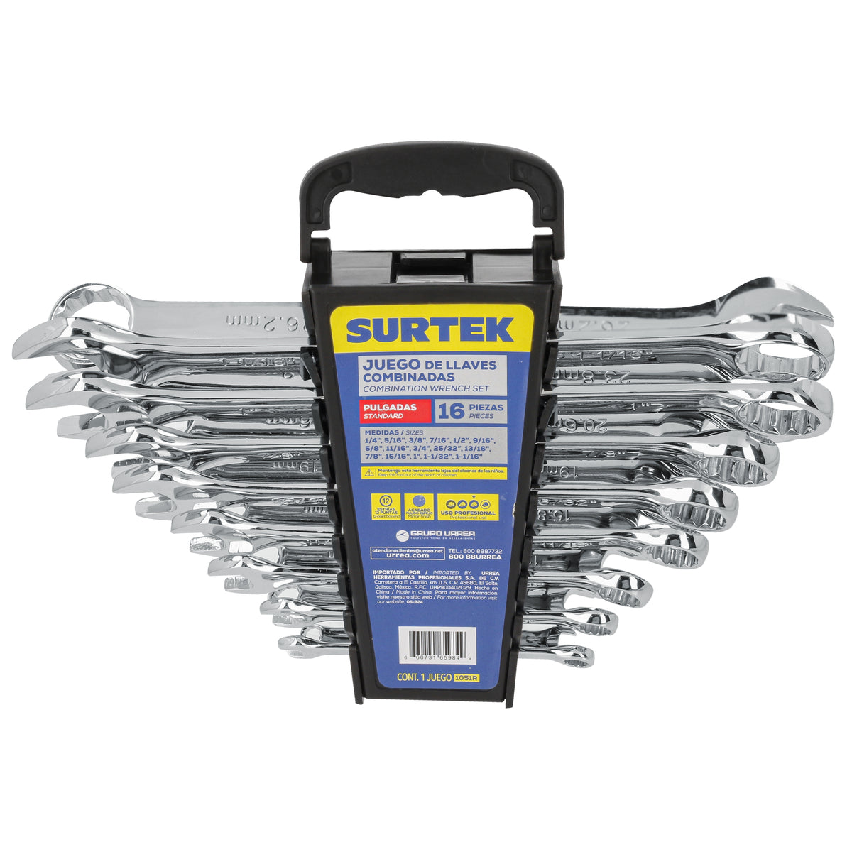 JUEGO DE LLAVES COMBINADAS PULIDO ESPEJO EN PULGADAS, 12 PUNTAS, 16 PIEZAS EN RACK SURTEK 1051R