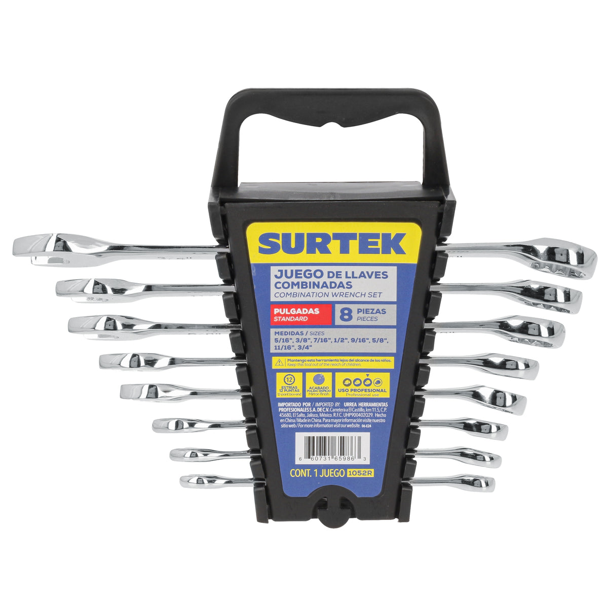 JUEGO DE LLAVES COMBINADAS PULIDO ESPEJO EN PULGADAS, 12 PUNTAS, 8 PIEZAS EN RACK SURTEK 1052R