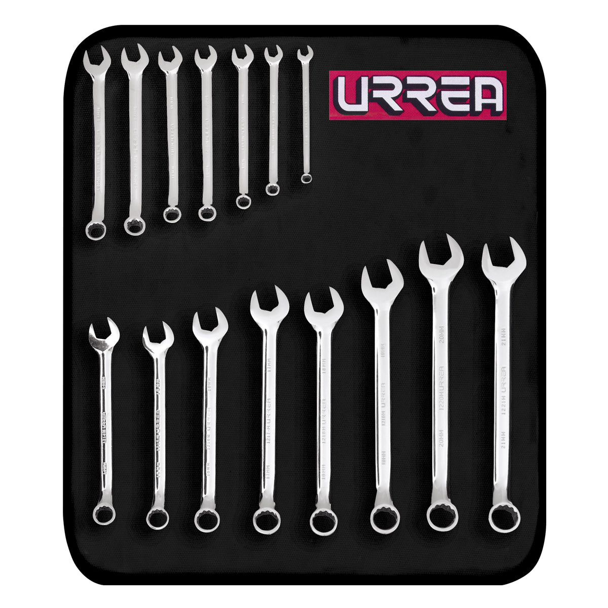 JUEGO DE LLAVES COMBINADAS PULIDO ESPEJO MÉTRICAS, 12 PUNTAS, 15 PIEZAS TUBO FC URREA 1206TF