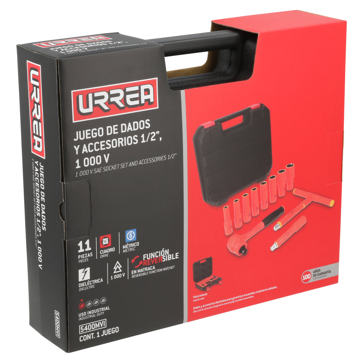 JUEGO DE DADOS Y ACCESORIOS CUADRO DE 1/2" MÉTRICOS PARA 1000 V, 11 PIEZAS URREA 5400MVI