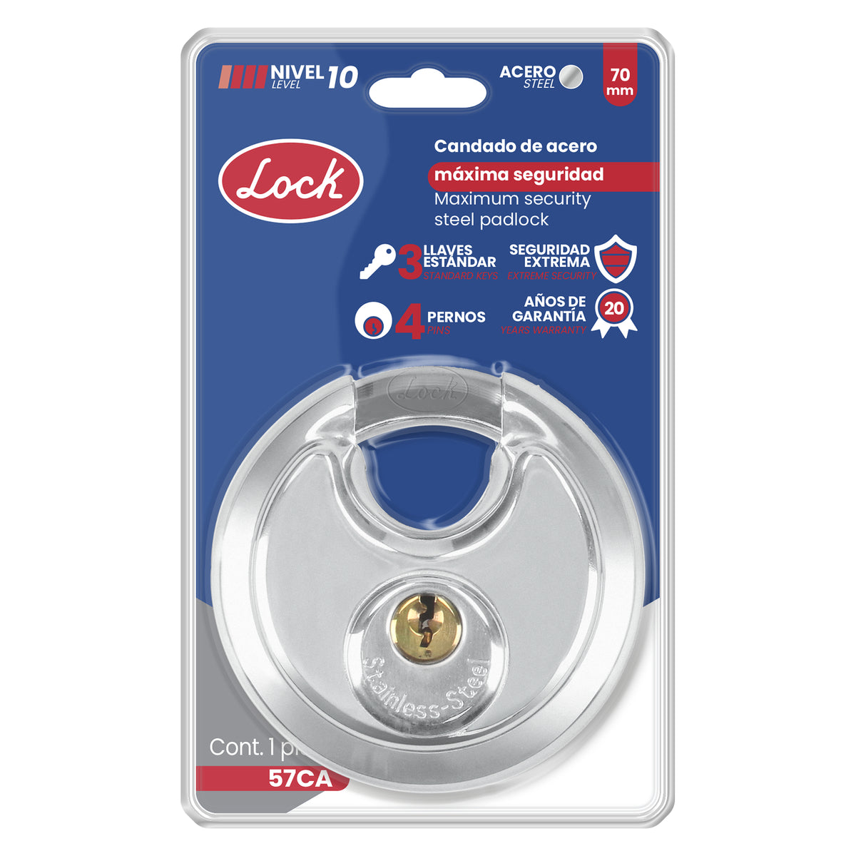 CANDADO DE MÁXIMA SEGURIDAD TIPO DISCO 70 MM, LLAVE ESTÁNDAR LOCK 57CA