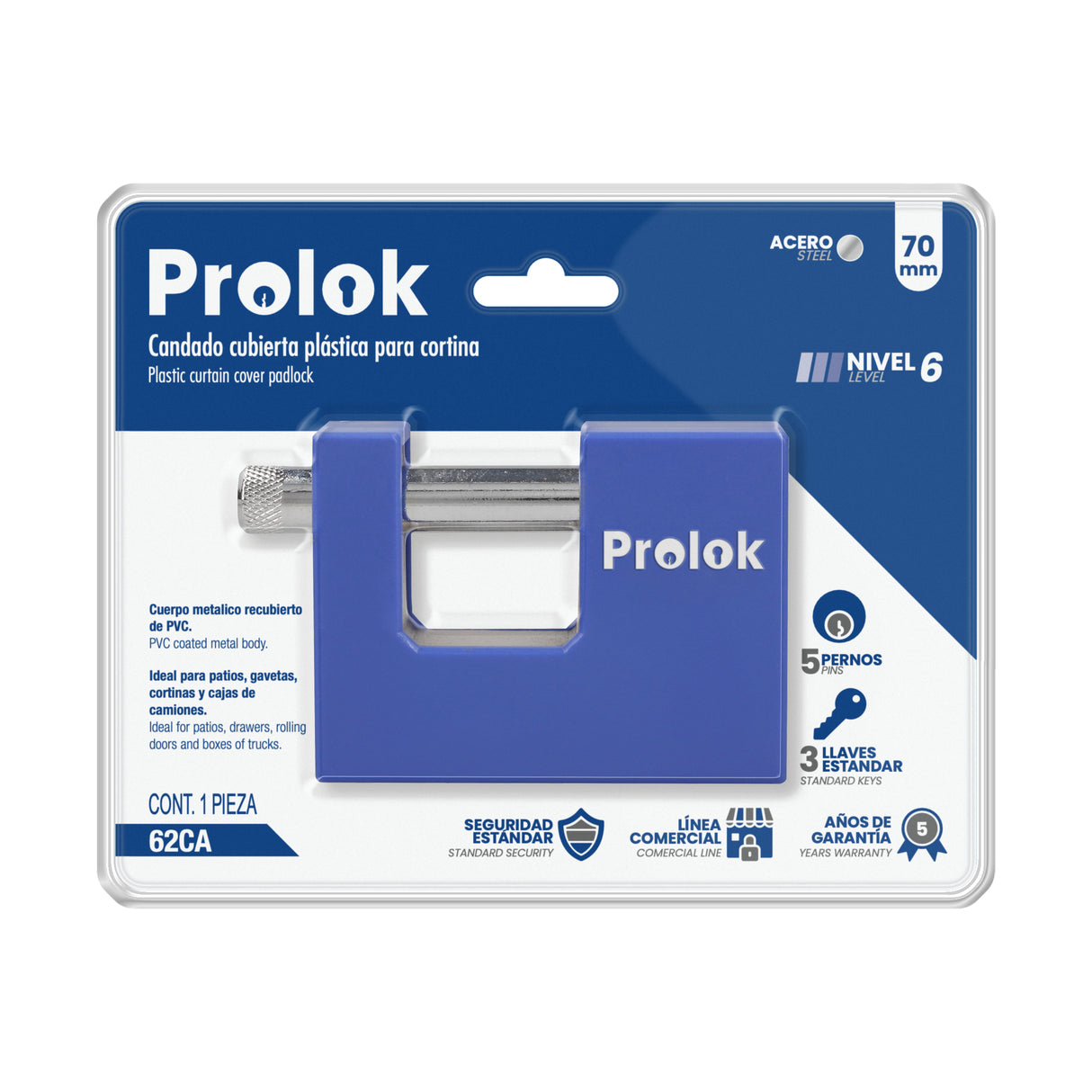CANDADO DE ACERO CON CUBIERTA PLÁSTICA DE PVC 70 MM, LLAVE ESTÁNDAR PROLOK 62CA