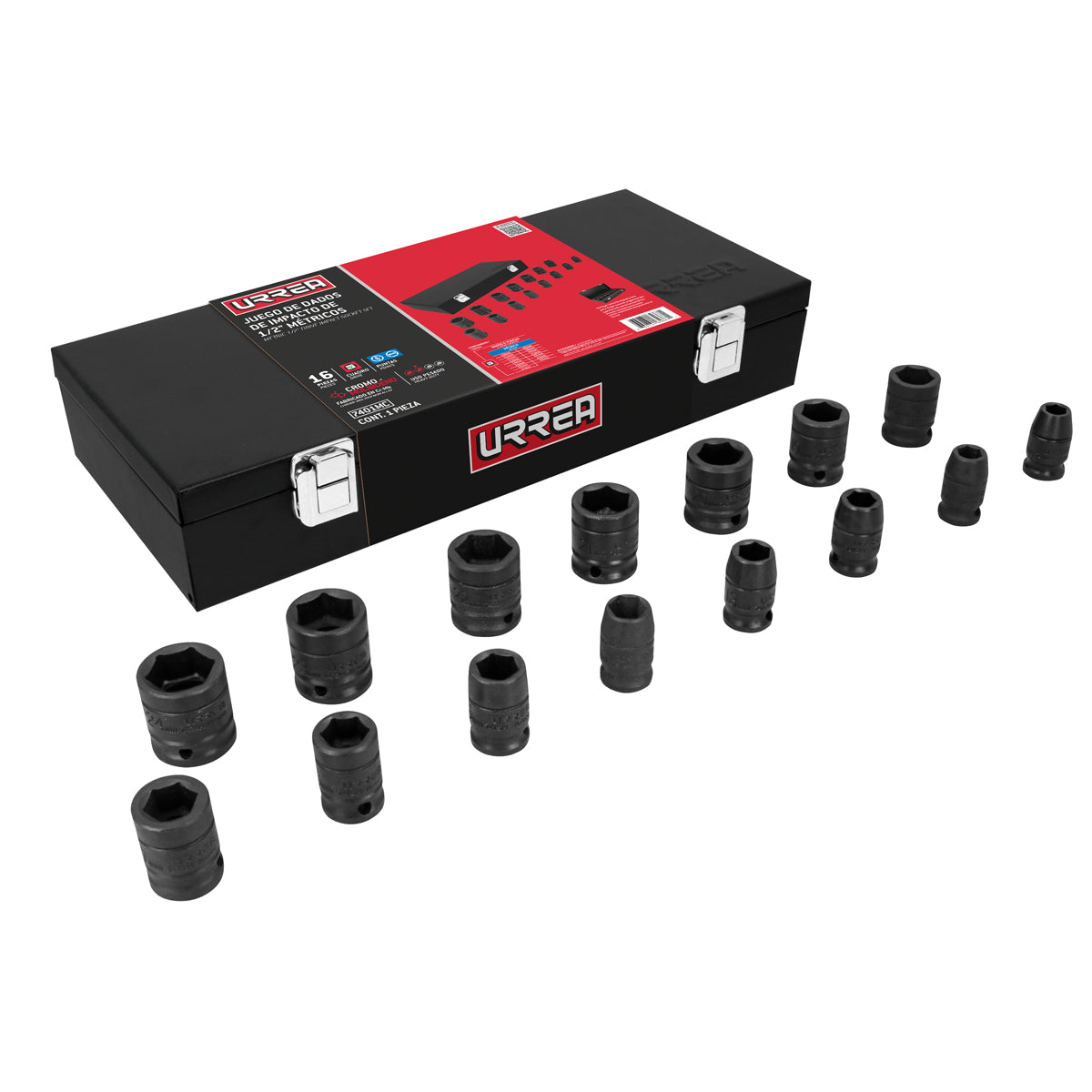JUEGO DE DADOS DE IMPACTO CUADRO DE 1/2", MÉTRICOS EN CAJA, 15 PIEZAS URREA 7401MC