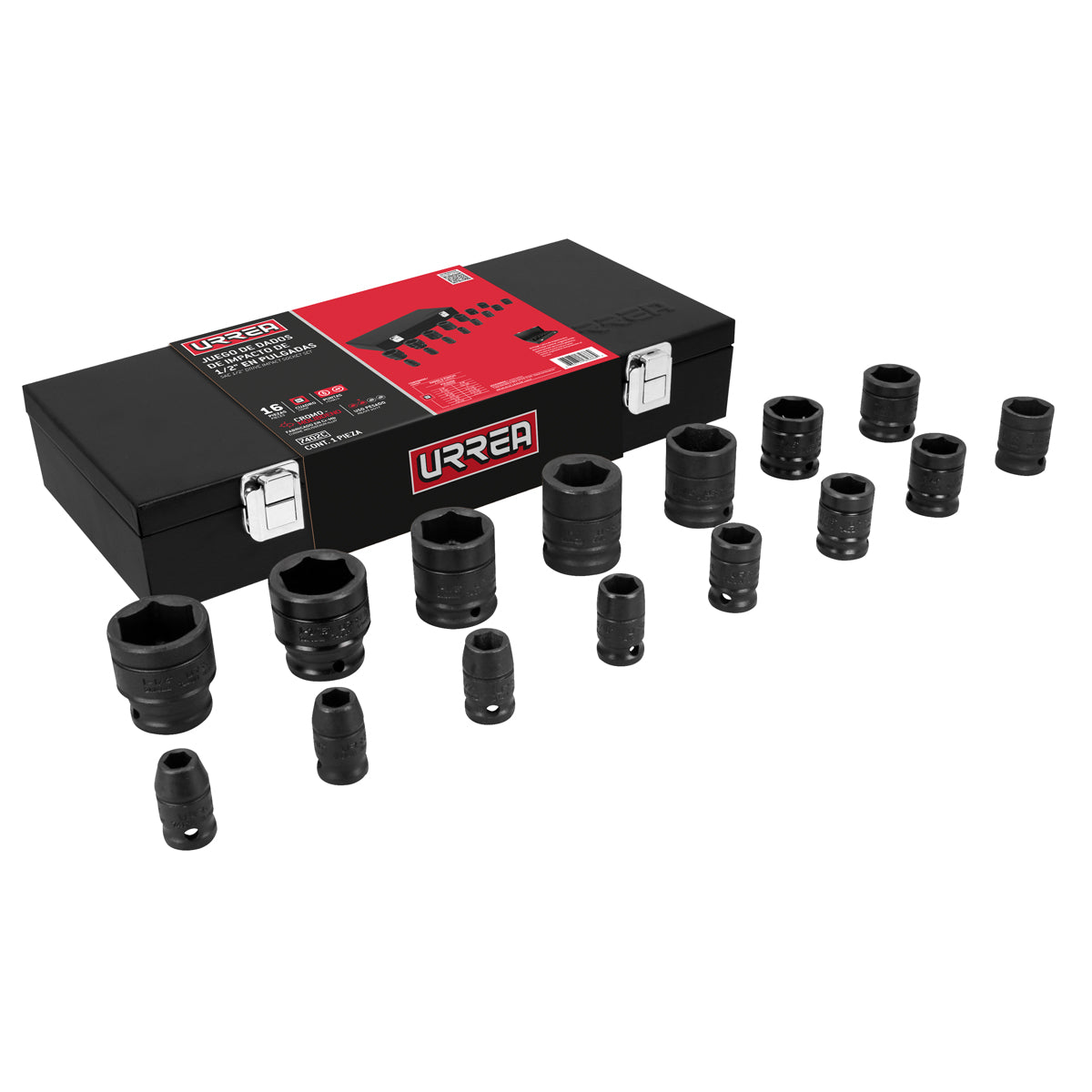 JUEGO DE DADOS DE IMPACTO CUADRO DE 1/2", EN PULGADAS EN CAJA, 15 PIEZA URREA 7402C