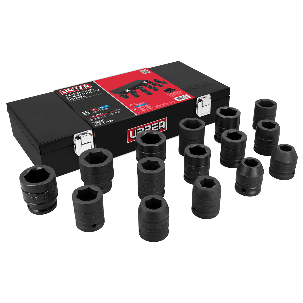 JUEGO DE DADOS DE IMPACTO CUADRO DE 3/4", MÉTRICOS, 15 PIEZAS URREA 7501MC