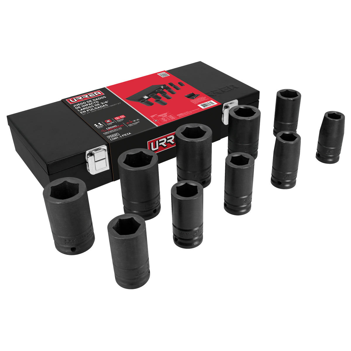 JUEGO DE DADOS LARGOS DE IMPACTO CUADRO DE 3/4", EN PULGADAS, EN CAJA, 10 PIEZAS URREA 7502C
