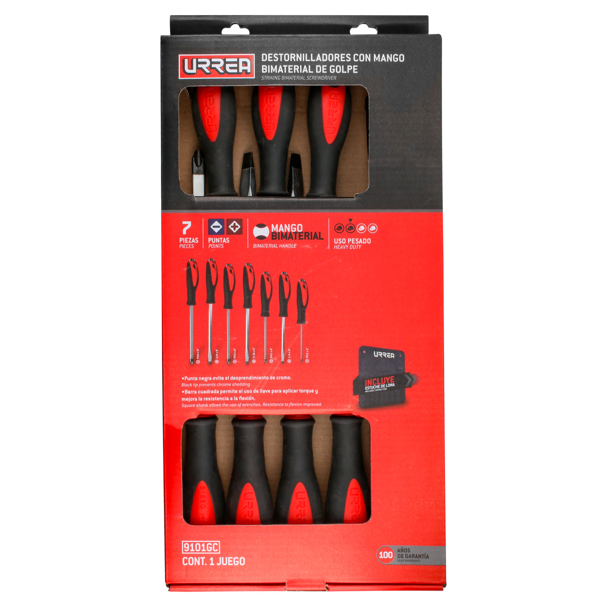 JUEGO DE DESTORNILLADORES CON MANGO BIMATERIAL DE GOLPE, COMBINADOS, 7 PIEZAS EN ESTUCHE URREA