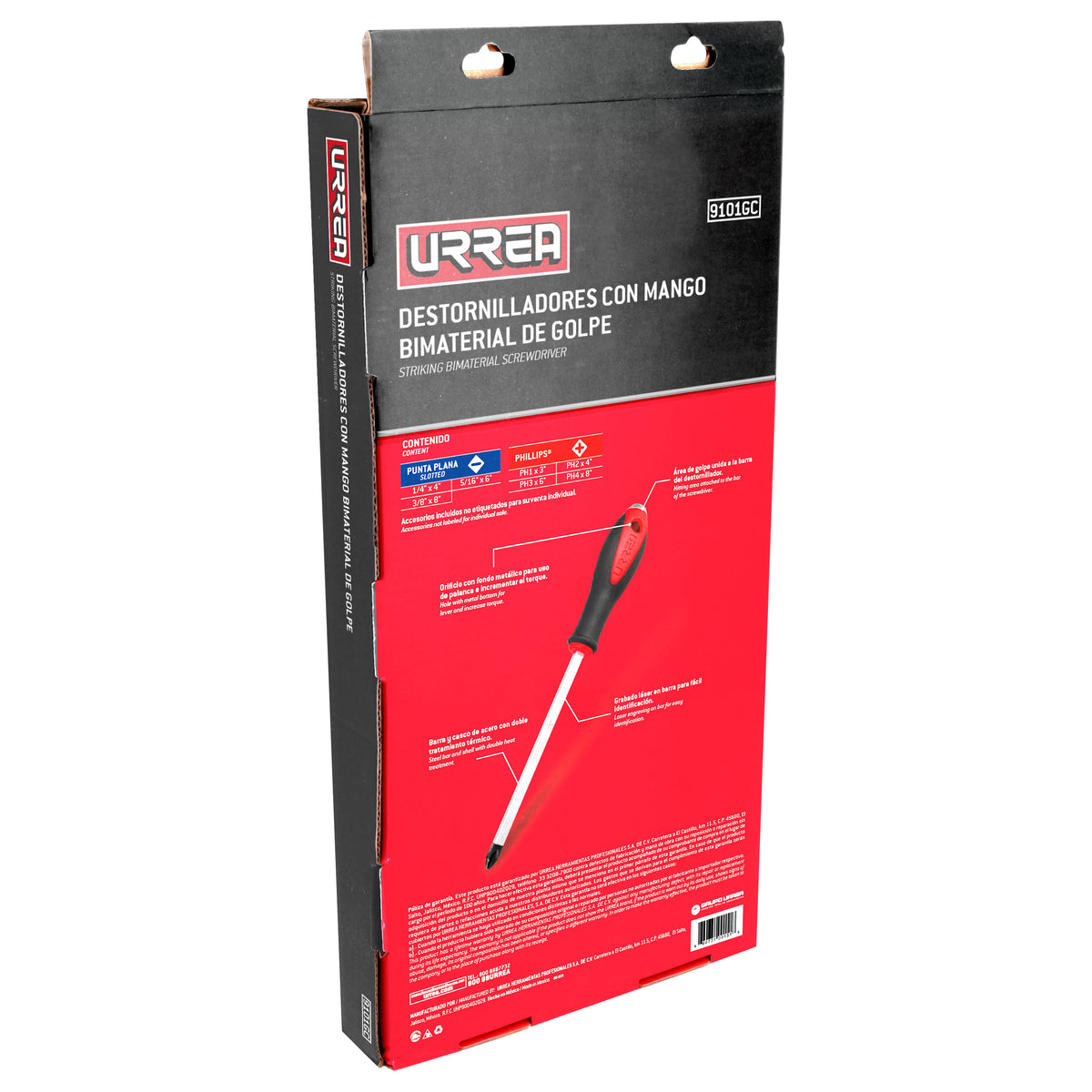 JUEGO DE DESTORNILLADORES CON MANGO BIMATERIAL DE GOLPE, COMBINADOS, 7 PIEZAS EN ESTUCHE URREA