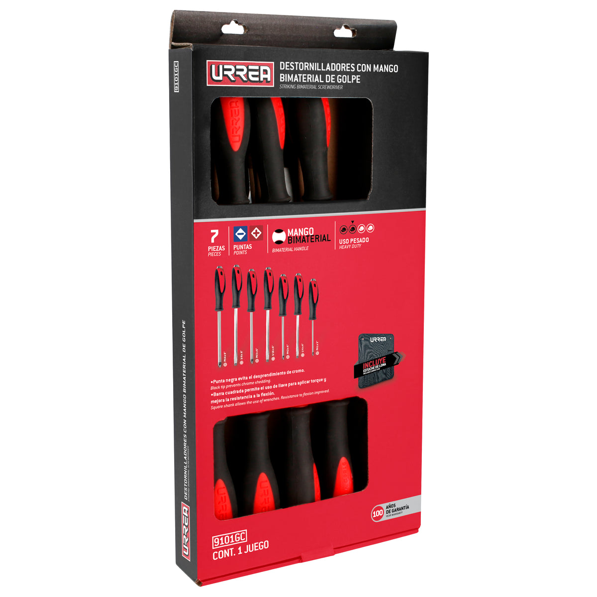JUEGO DE DESTORNILLADORES CON MANGO BIMATERIAL DE GOLPE, COMBINADOS, 7 PIEZAS EN ESTUCHE URREA