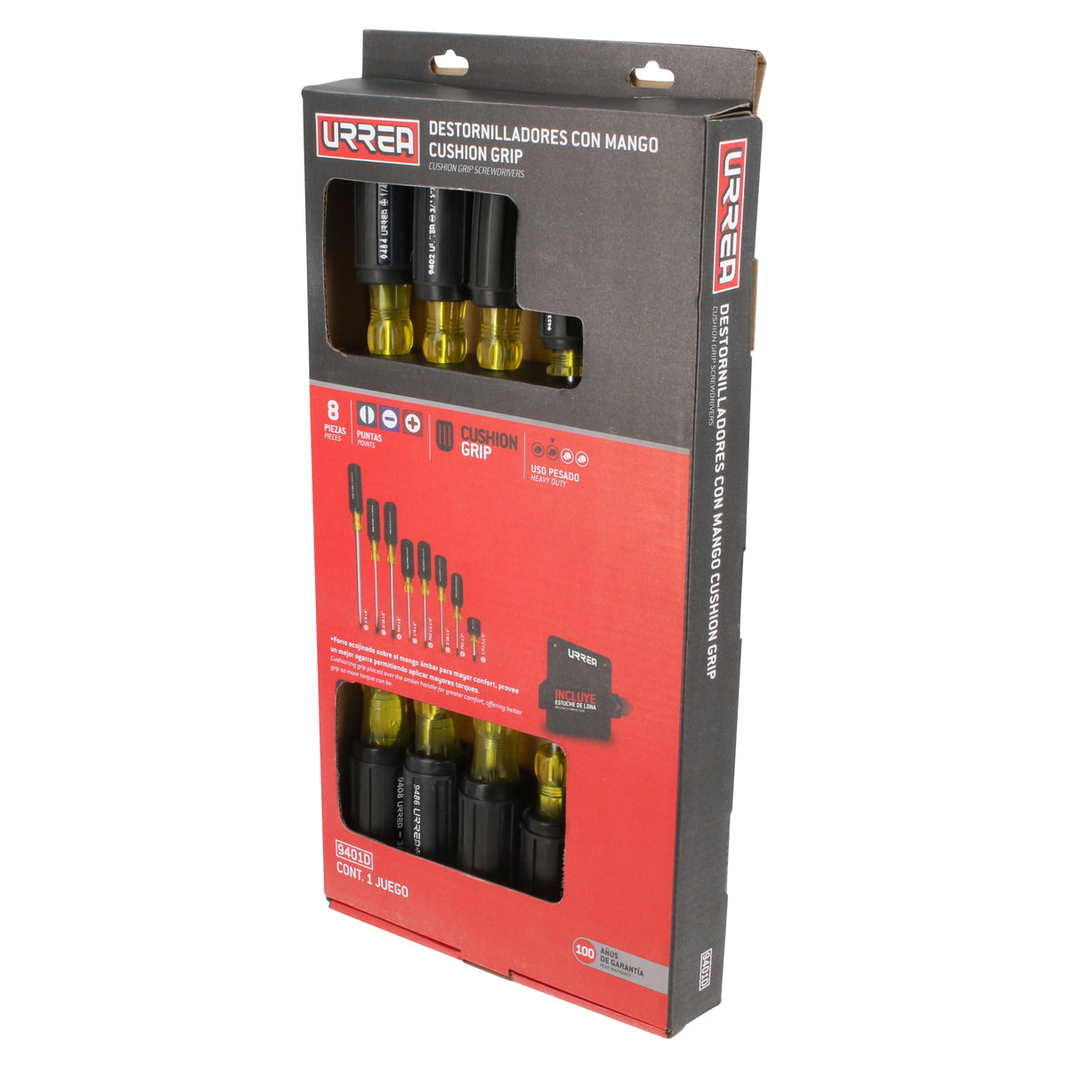 JUEGO DE DESTORNILLADORES CON MANGO CUSHION GRIP, COMBINADOS, 8 PIEZAS URREA 9401D