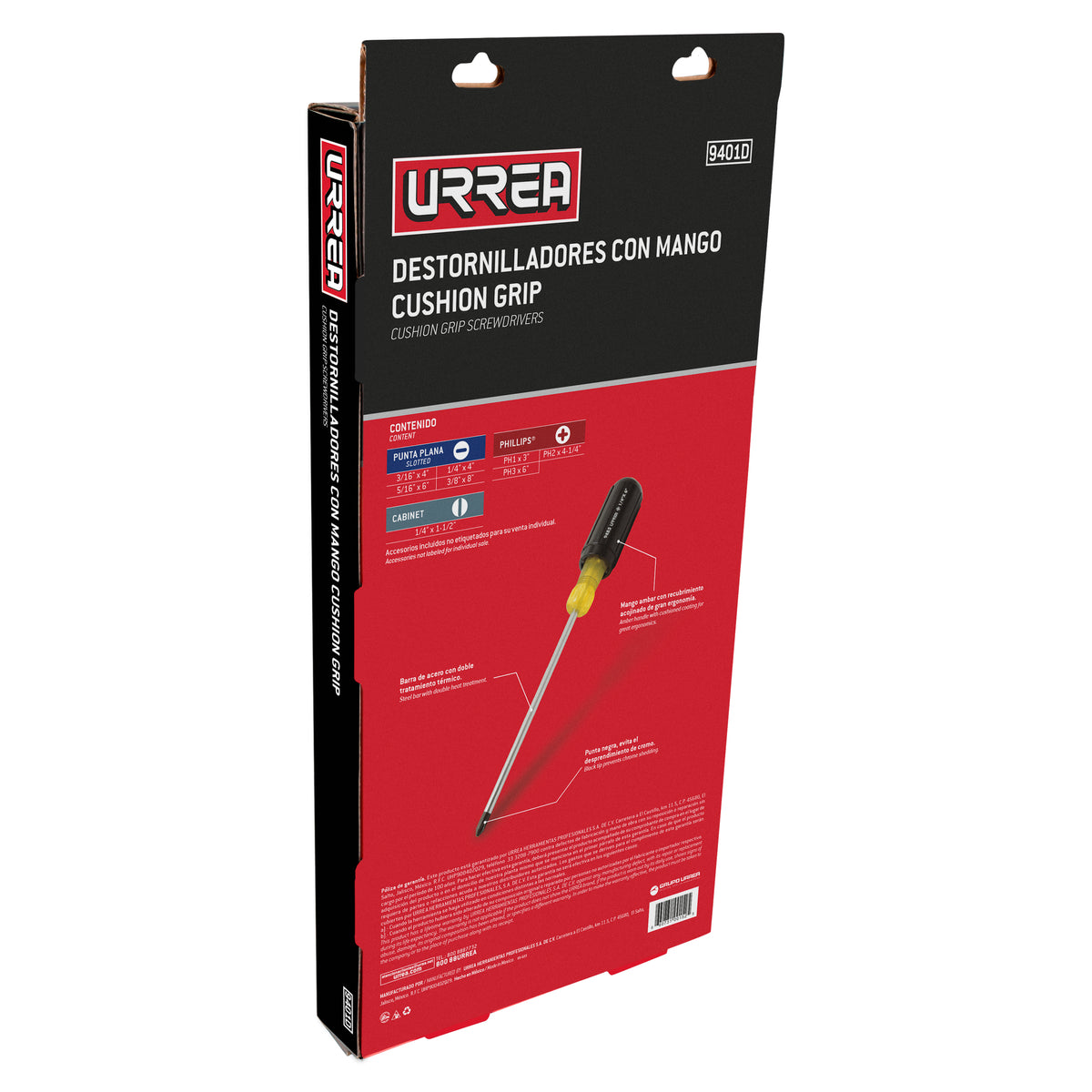 JUEGO DE DESTORNILLADORES CON MANGO CUSHION GRIP, COMBINADOS, 8 PIEZAS URREA 9401D