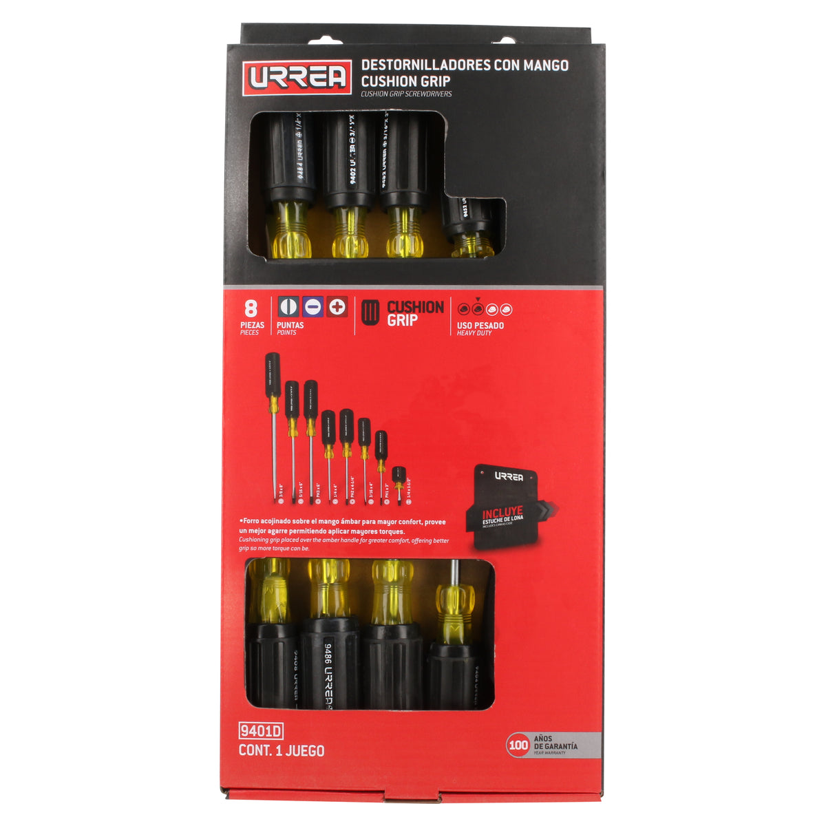 JUEGO DE DESTORNILLADORES CON MANGO CUSHION GRIP, COMBINADOS, 8 PIEZAS URREA 9401D