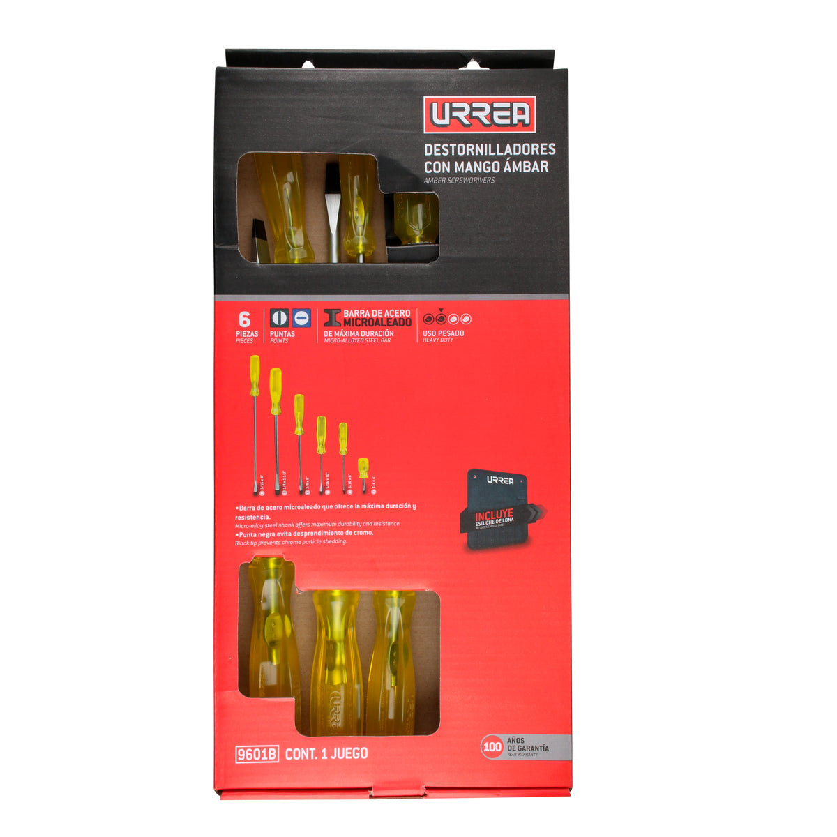 JUEGO DE DESTORNILLADORES CON MANGO ÁMBAR COMBINADOS, 6 PIE ZAS EN CAJA DE CARTÓN URREA