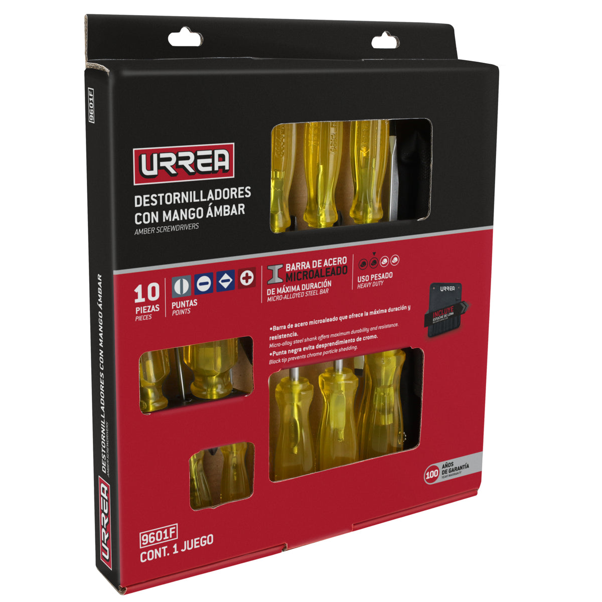 JUEGO DE DESTORNILLADORES CON MANGO ÁMBAR COMBINADOS, 10 PIEZAS EN CAJA DE CARTÓN URREA