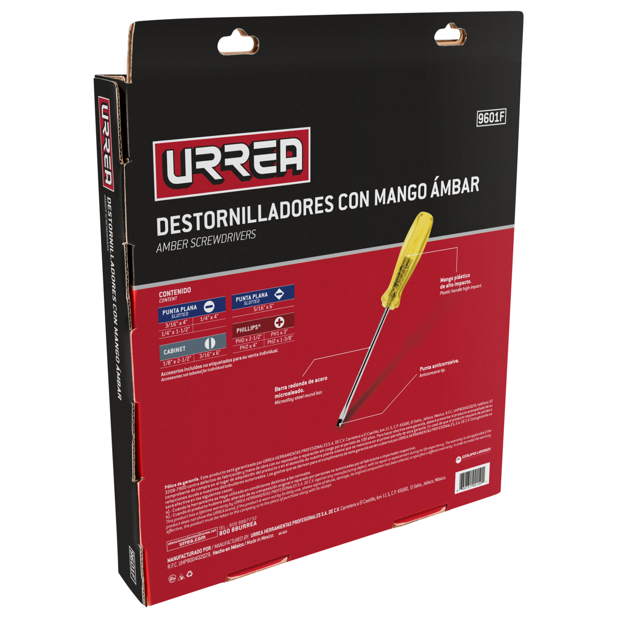 JUEGO DE DESTORNILLADORES CON MANGO ÁMBAR COMBINADOS, 10 PIEZAS EN CAJA DE CARTÓN URREA