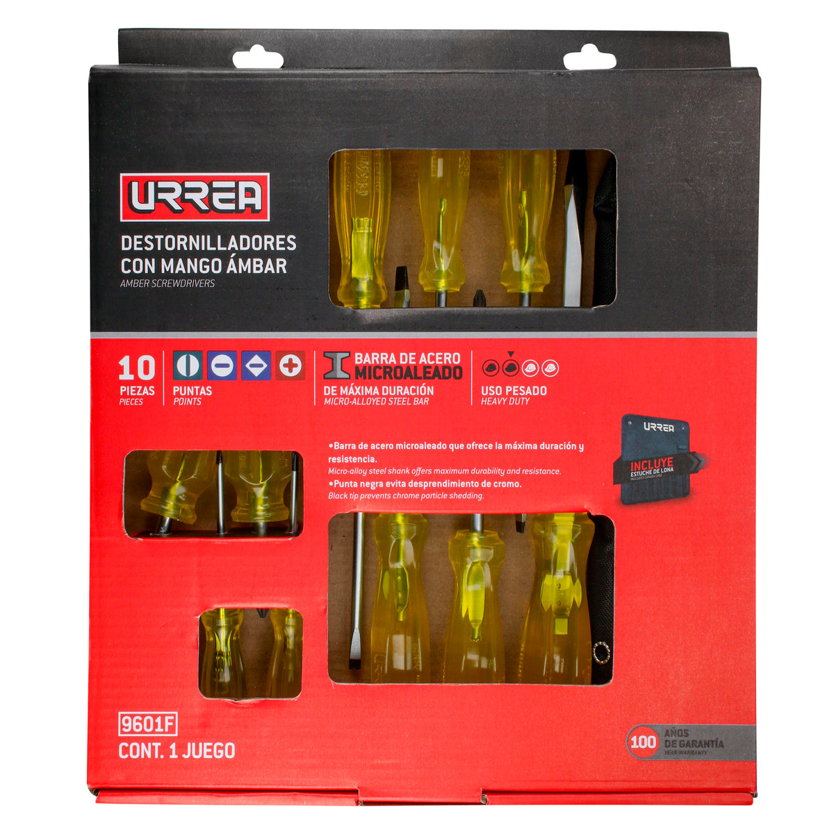 JUEGO DE DESTORNILLADORES CON MANGO ÁMBAR COMBINADOS, 10 PIEZAS EN CAJA DE CARTÓN URREA