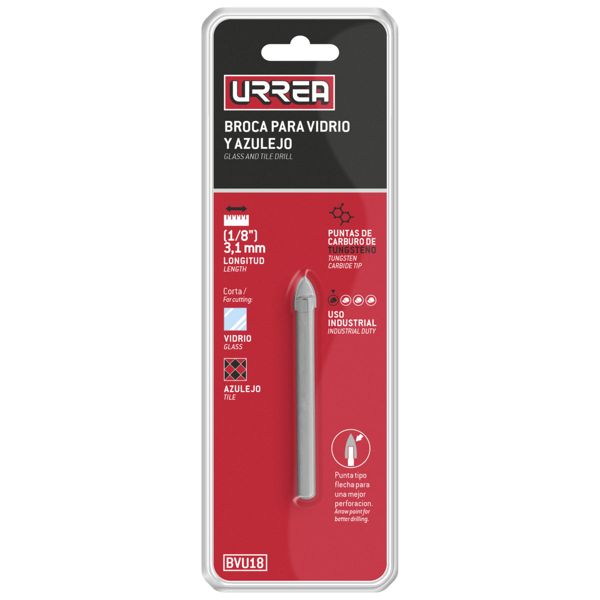 BROCA PARA VIDRIOS Y AZULEJOS DE ACERO CON CABEZA DE CARBURO DE TUNGSTENO 1/8" URREA BVU18