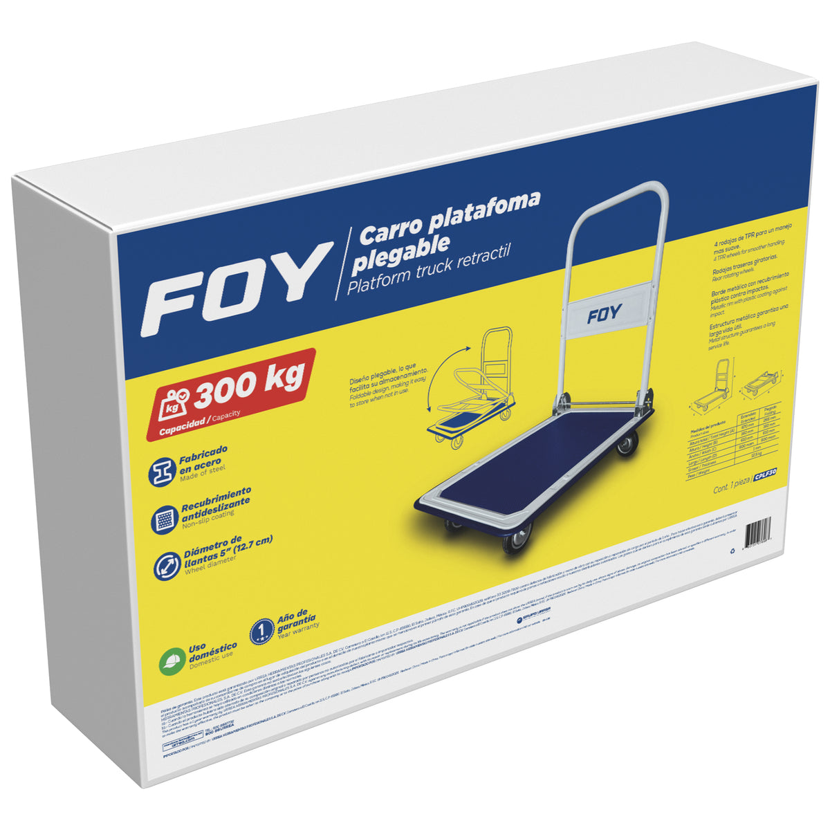 CARRO PLATAFORMA CON MANERAL RETRÁCTIL 91 CM X 61 CM, 5", 300 KG FOY