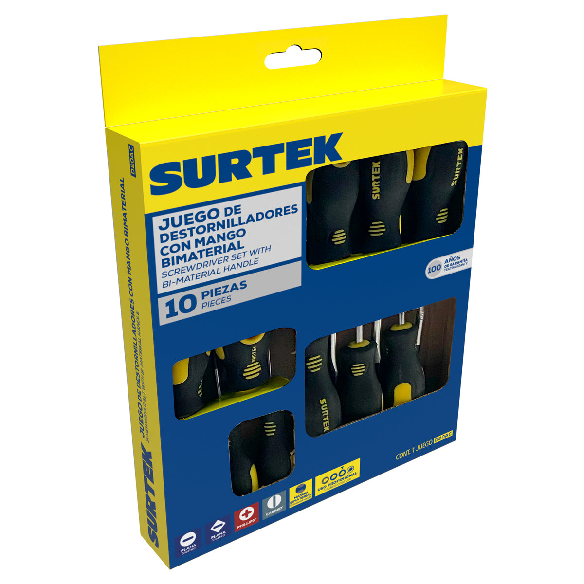 JUEGO DE DESTORNILLADORES CON MANGO BIMATERIAL COMBINADOS, 10 PIEZAS EN CAJA DE CARTÓN SURTEK