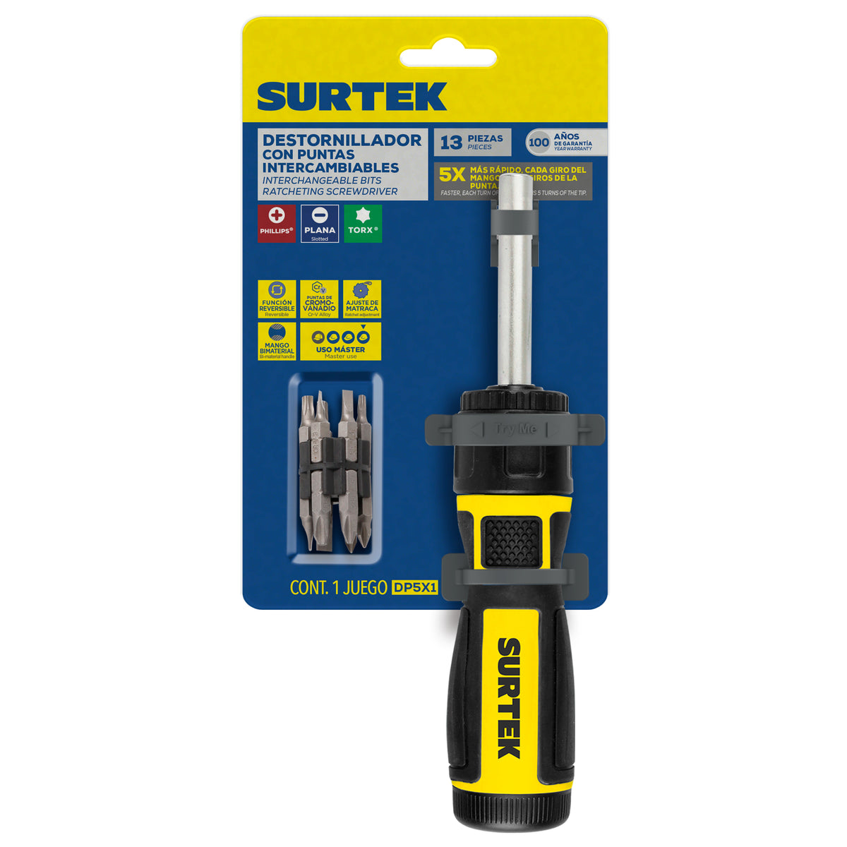 DESTORNILLADOR CON MANGO BIMATERIAL DE MATRACA REVERSIBLE 5X CON PUNTAS INTERCAMBIABLES 12 EN 1 SURTEK