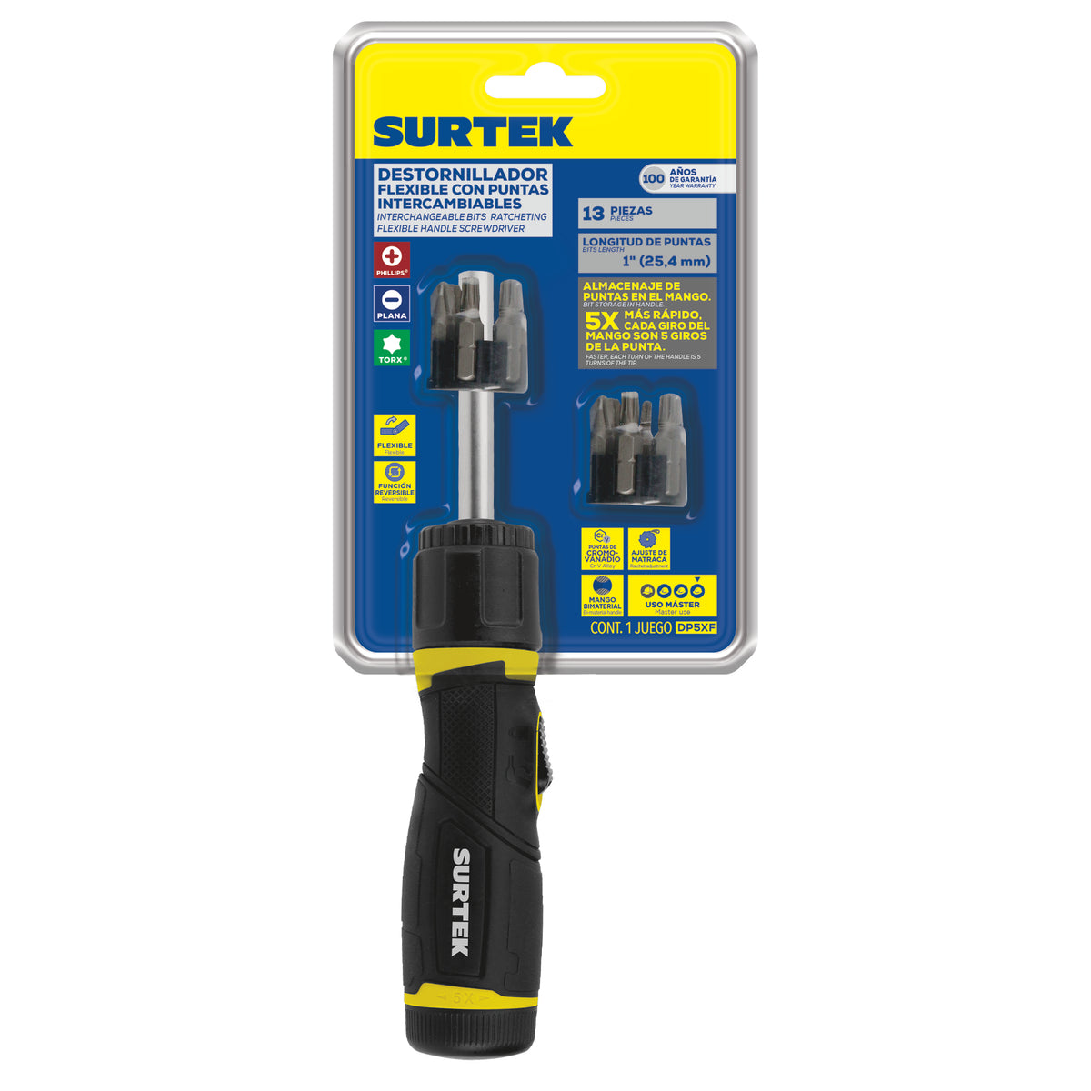 DESTORNILLADOR CON MANGO BIMATERIAL FLEXIBLE DE MATRACA REVERSIBLE 5X CON PUNTAS INTERCAMBIABLES 13 EN 1 SURTEK