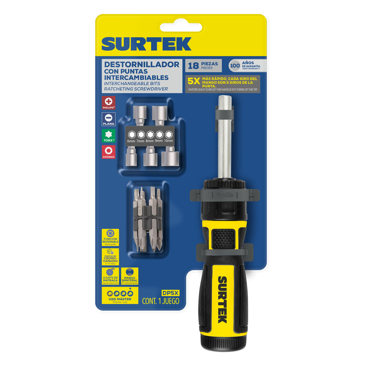 DESTORNILLADOR CON MANGO BIMATERIAL DE MATRACA REVERSIBLE 5X CON PUNTAS INTERCAMBIABLES 18 EN 1 SURTEK