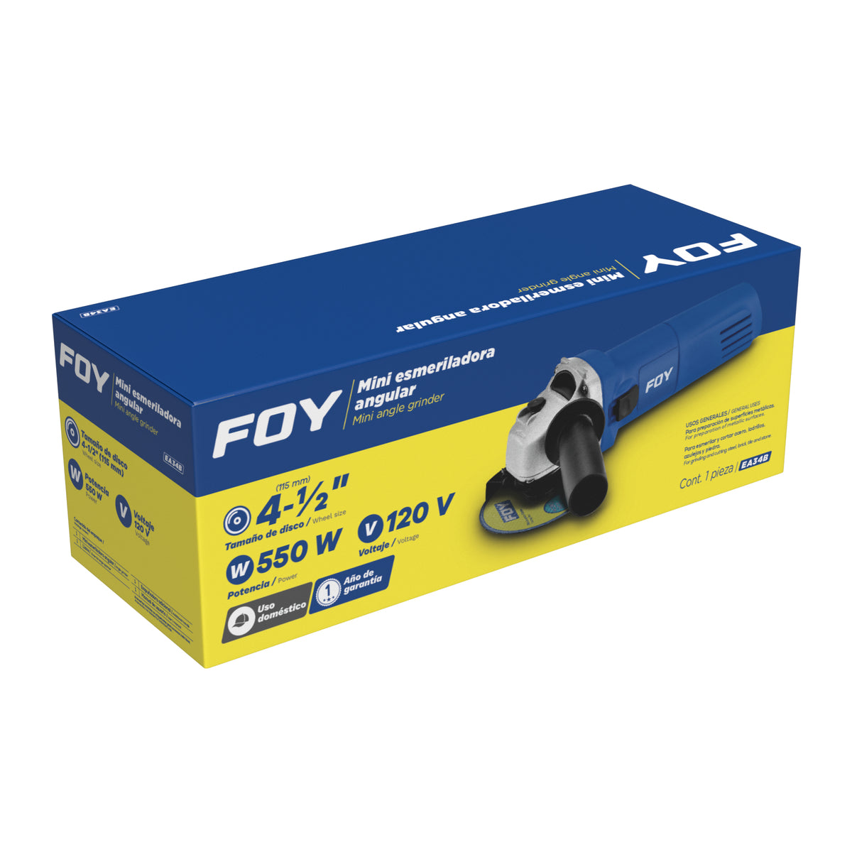 MINI ESMERILADORA ANGULAR 4-1/2" 550 W 120 V, 11000 RPM FOY