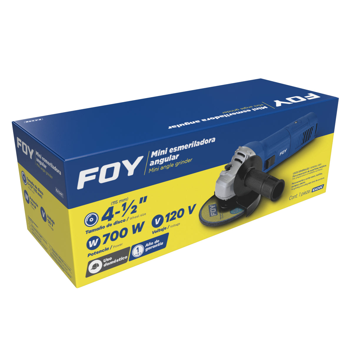 MINI ESMERILADORA ANGULAR 4-1/2" 700 W 120 V, 11000 RPM FOY