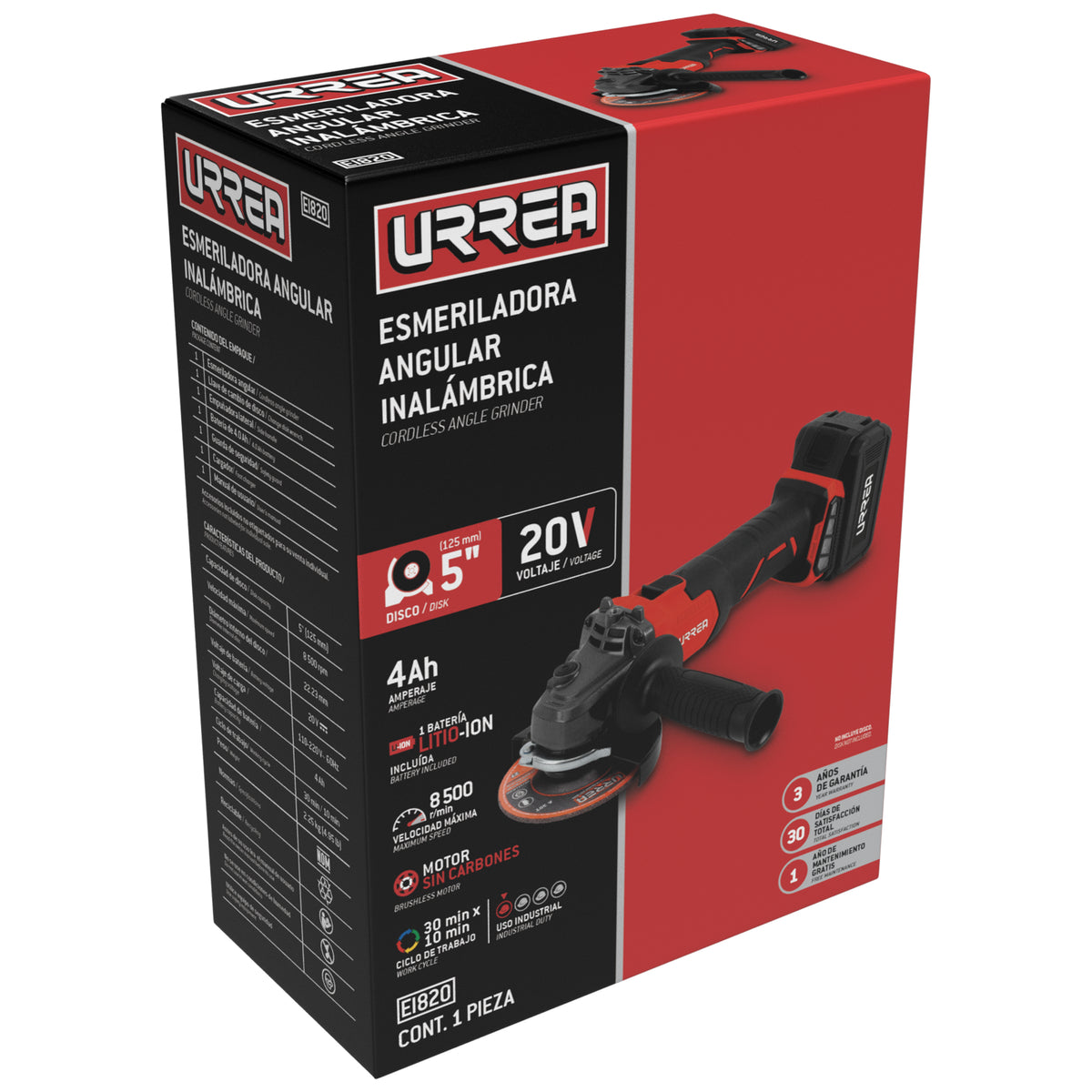 ESMERILADORA ANGULAR A BATERÍA LITIO-ION 5" 20 V 8500 RPM URREA