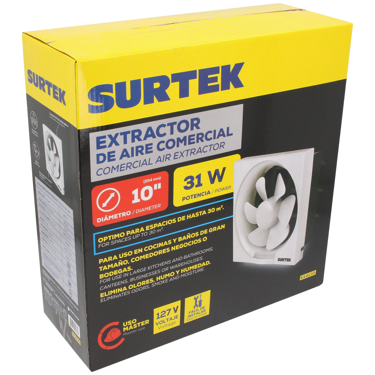 EXTRACTOR DE AIRE COMERCIAL 10", 30M2 DE ALCANCE, 31 W, 1000 M3/H, 60 DB SURTEK