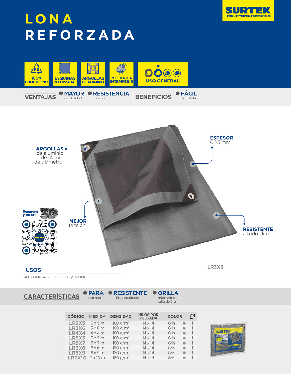 LONA DE POLIETILENO REFORZADA COLOR GRIS, 5 X 5 M SURTEK