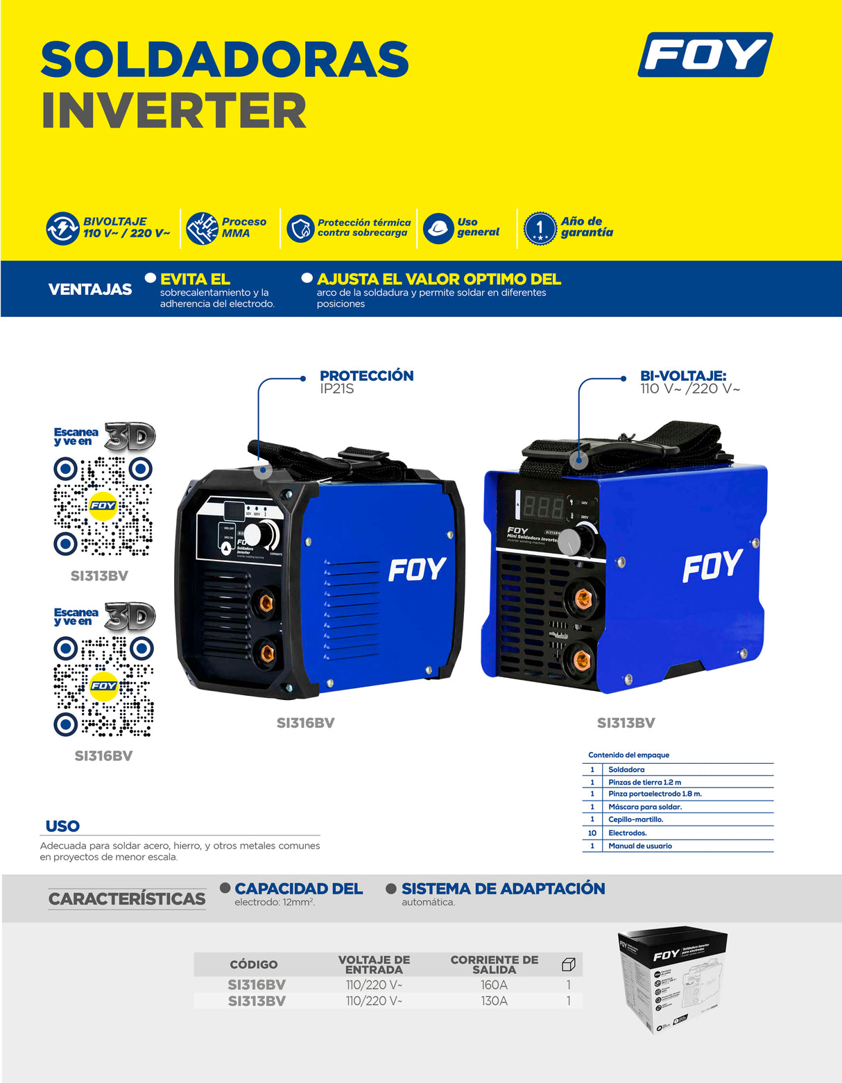SOLDADORA INVERTER PARA ELECTRODOS DE 1 FASE BI VOLTAJE 110-220 V, 160 A FOY