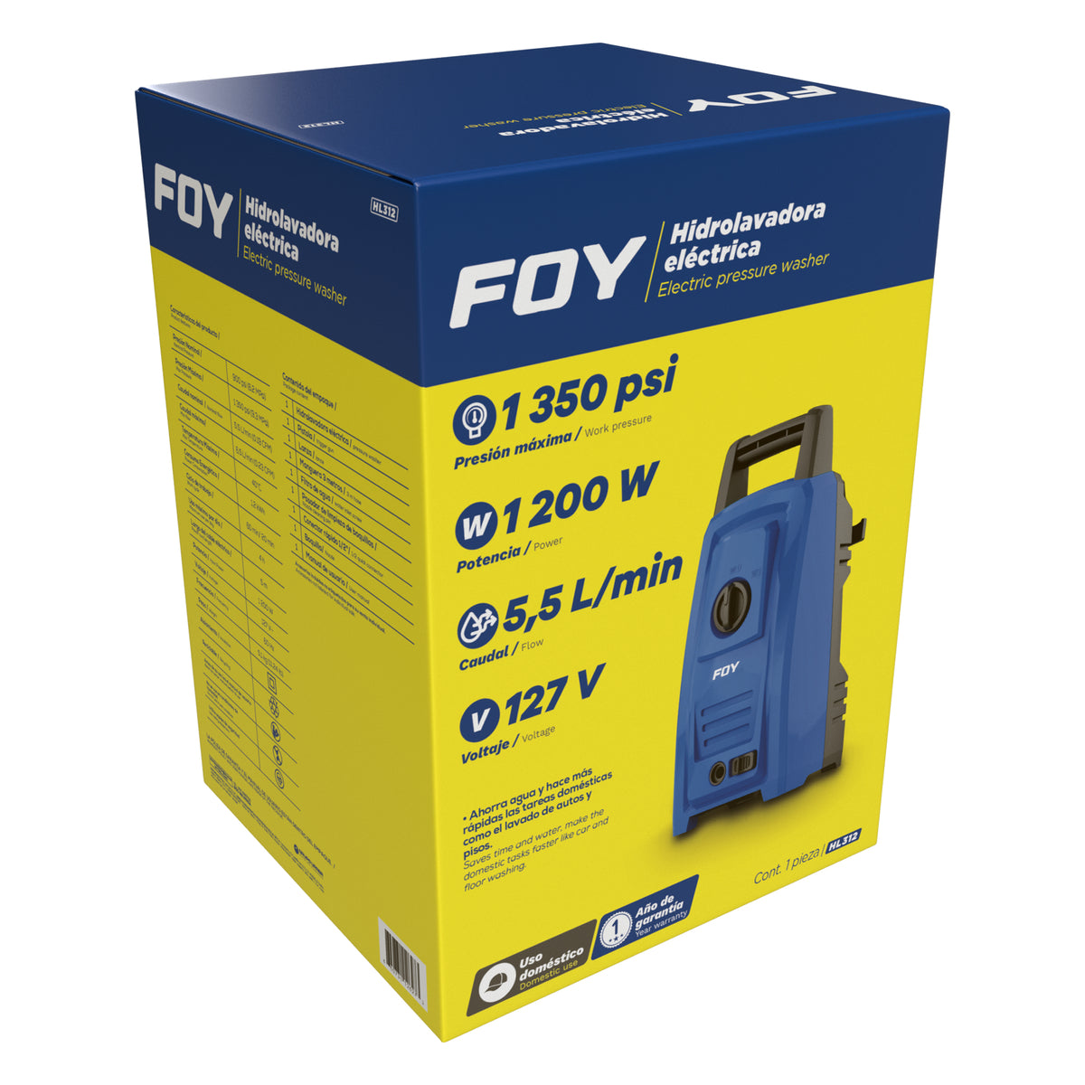 HIDROLAVADORA ELÉCTRICA 1200 W 127 V 1350 PSI, 5.5 LT POR MINUTO FOY