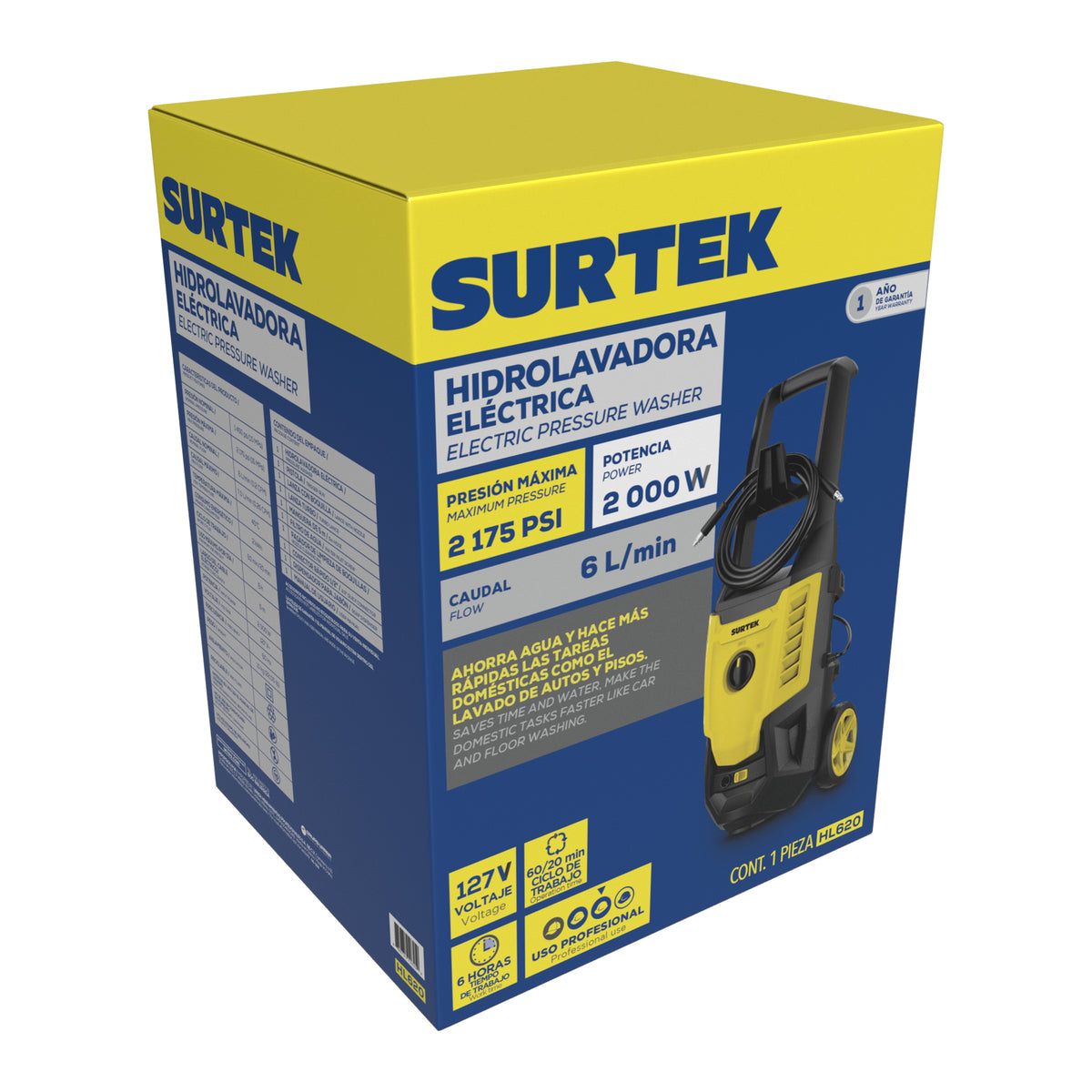 HIDROLAVADORA ELÉCTRICA 2000 W 127 V 2175 PSI, 6 LT POR MINUTO SURTEK