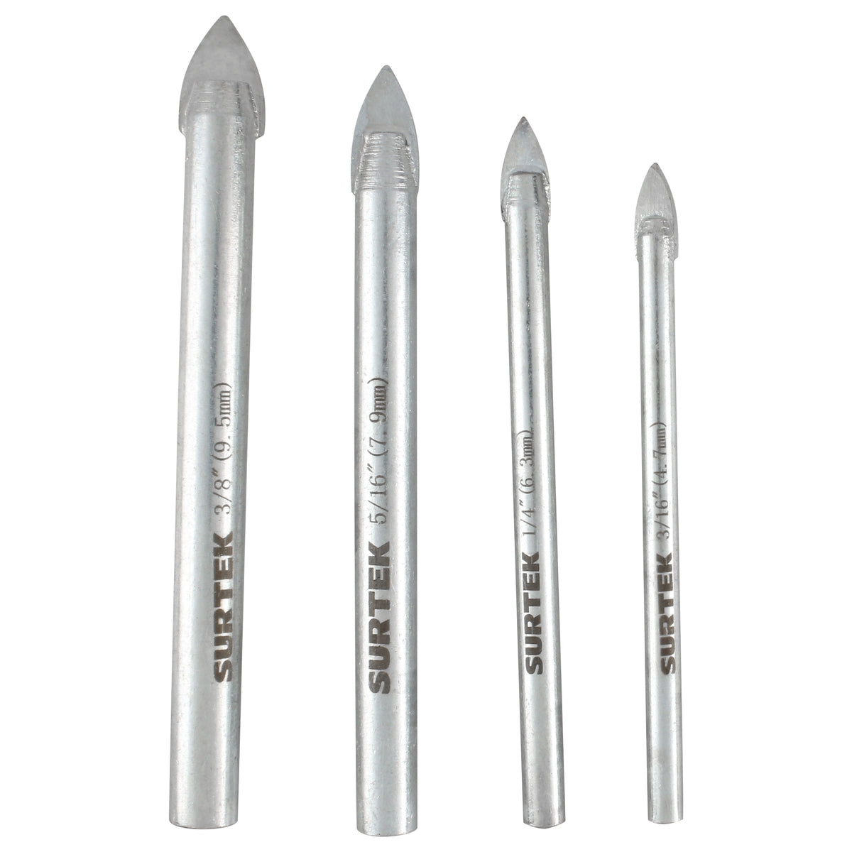 JUEGO DE BROCAS PARA VIDRIOS Y AZULEJOS DE ACERO CON CABEZA DE CARBURO DE TUNGSTENO, 4 PZ SURTEK JBVS4