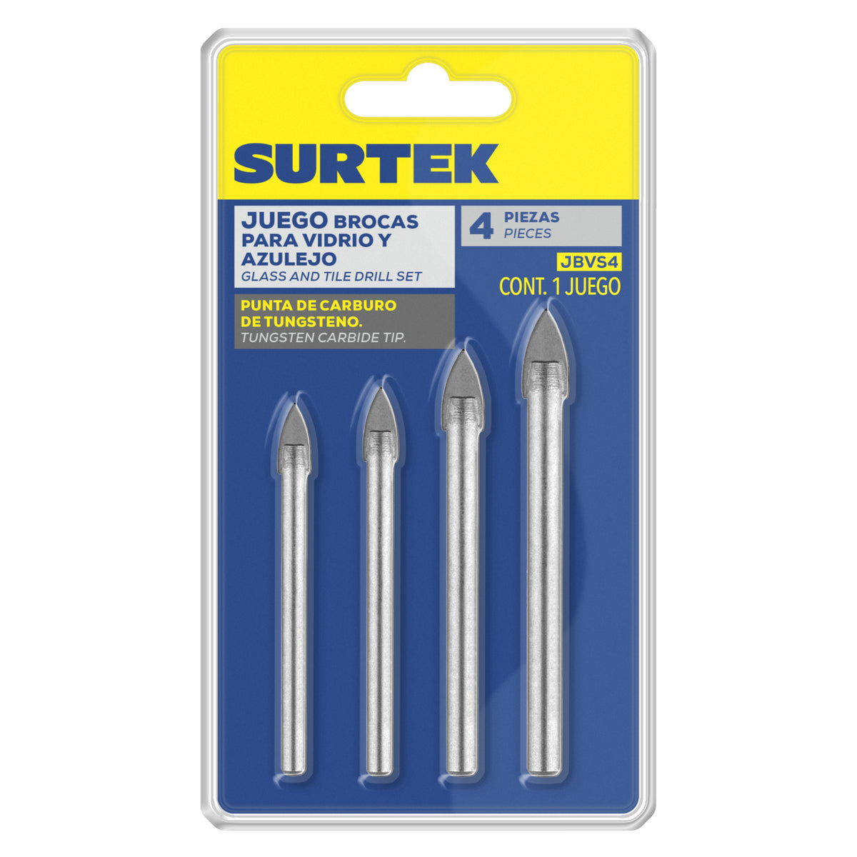 JUEGO DE BROCAS PARA VIDRIOS Y AZULEJOS DE ACERO CON CABEZA DE CARBURO DE TUNGSTENO, 4 PZ SURTEK JBVS4