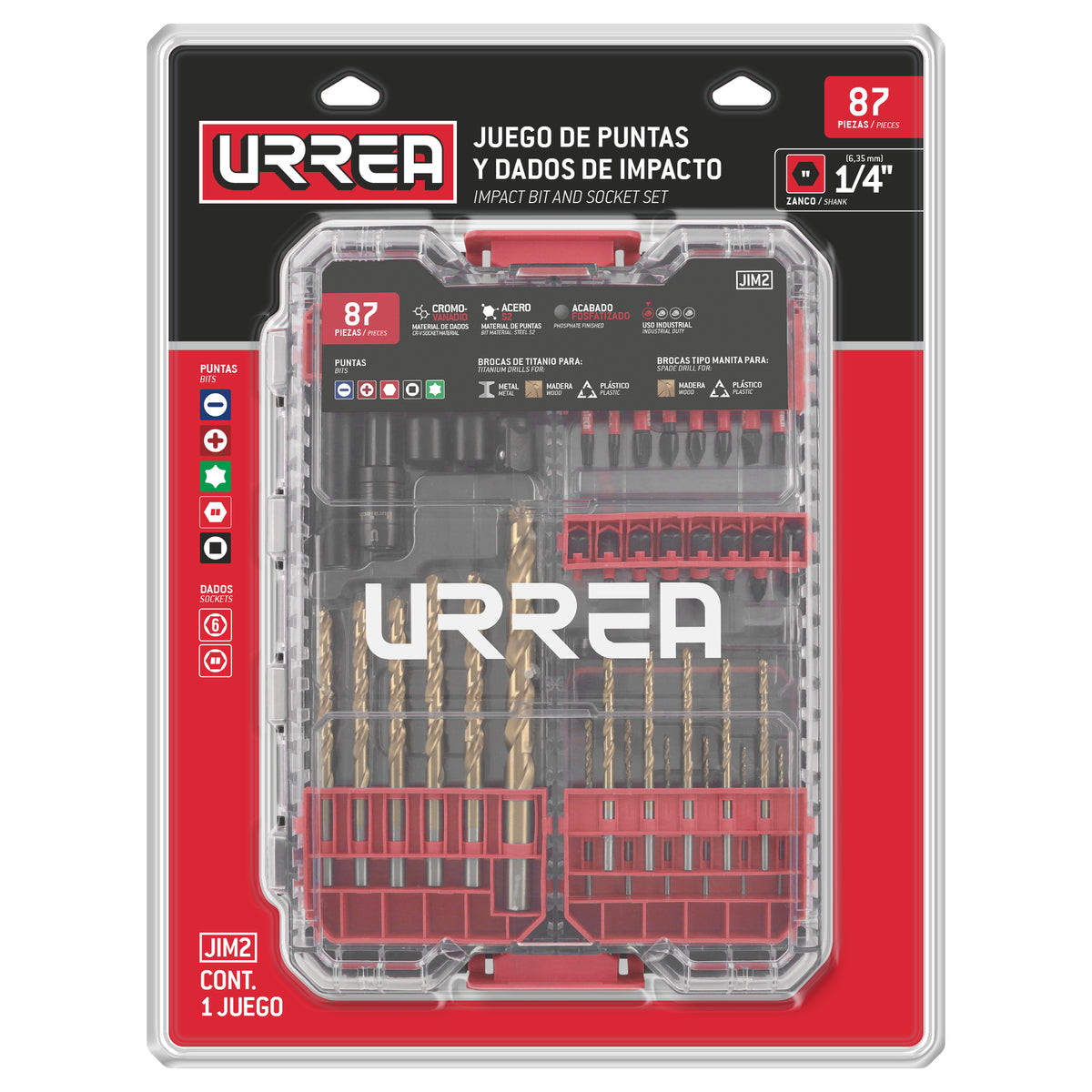 JUEGO DE PUNTAS Y DADOS DE IMPACTO, 87 PIEZAS URREA