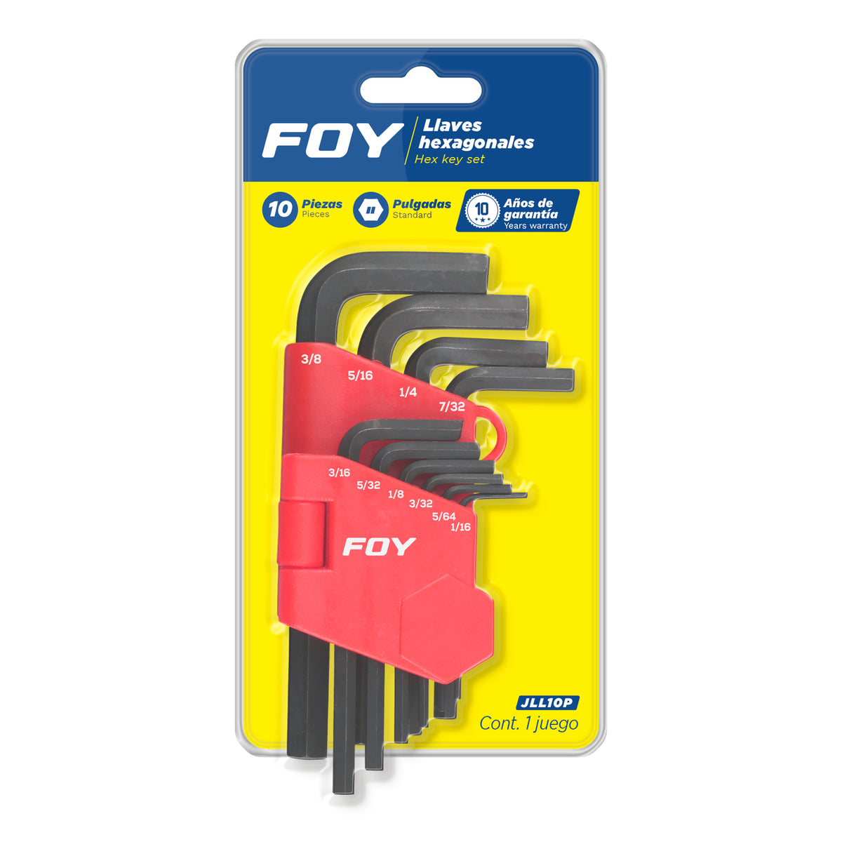 JUEGO DE LLAVES HEXAGONALES TIPO "L", EN PULGADAS, 10 PIEZAS EN RACK FOY