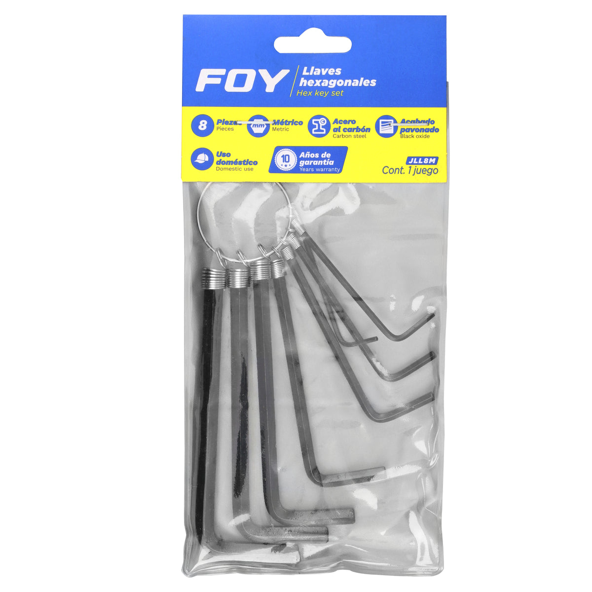 JUEGO DE LLAVES HEXAGONALES TIPO "L", MÉTRICAS, 8 PIEZAS EN ARGOLLA FOY