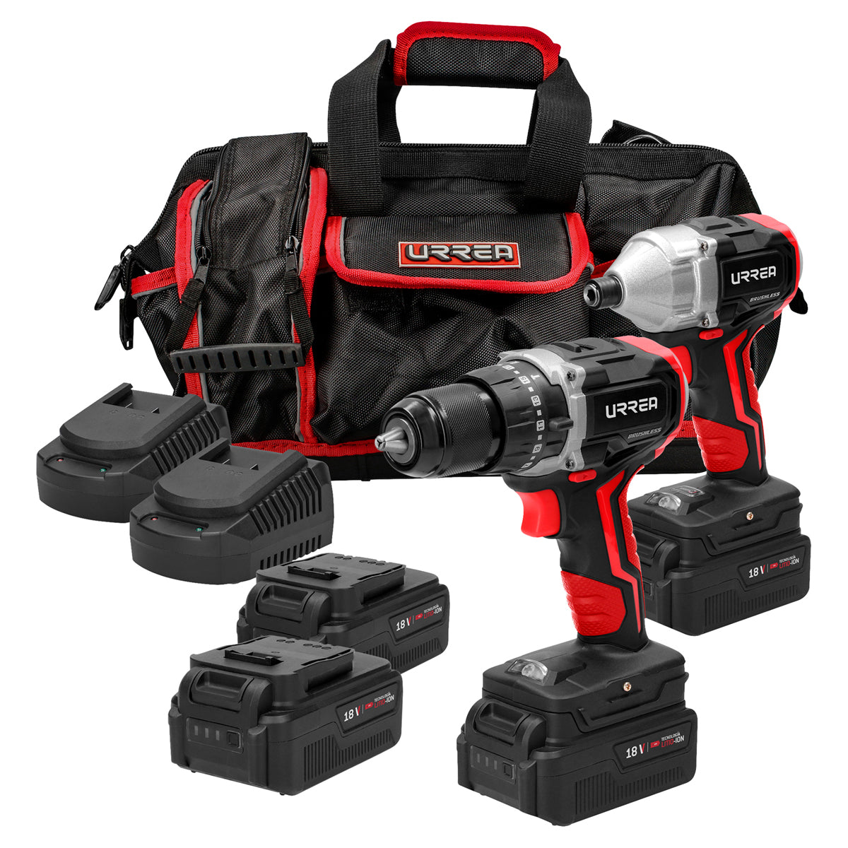 JUEGO DE ROTOMARTILLO Y ATORNILLADOR DE IMPACTO A BATERÍA LITIO-ION 18 V, 3 PIEZAS URREA JPI04