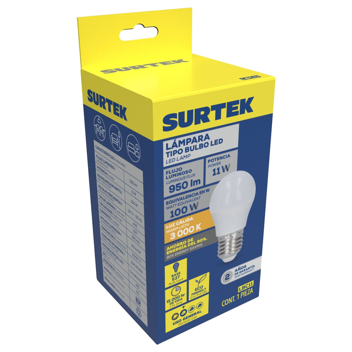 LÁMPARA DE LED TIPO BULBO A19, 11 W LUZ CÁLIDA SURTEK LBC11