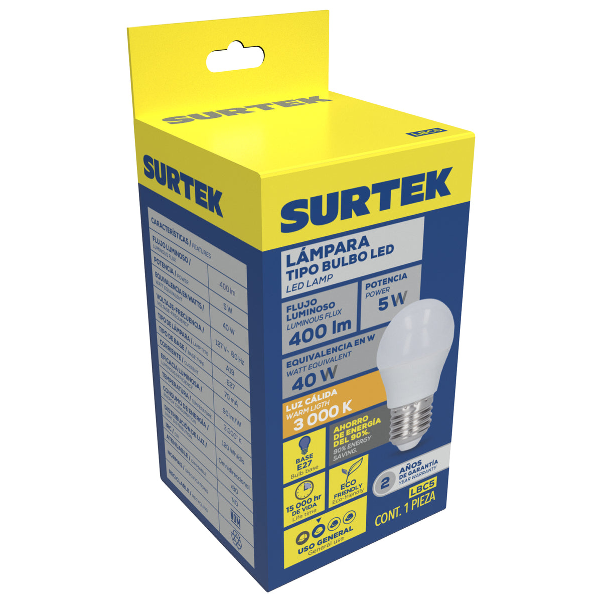 LÁMPARA DE LED TIPO BULBO A19, 5 W LUZ CÁLIDA SURTEK LBC5