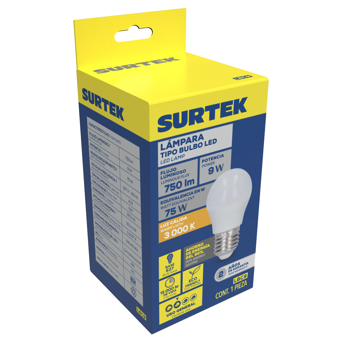 LÁMPARA DE LED TIPO BULBO A19, 9 W LUZ CÁLIDA SURTEK LBC9