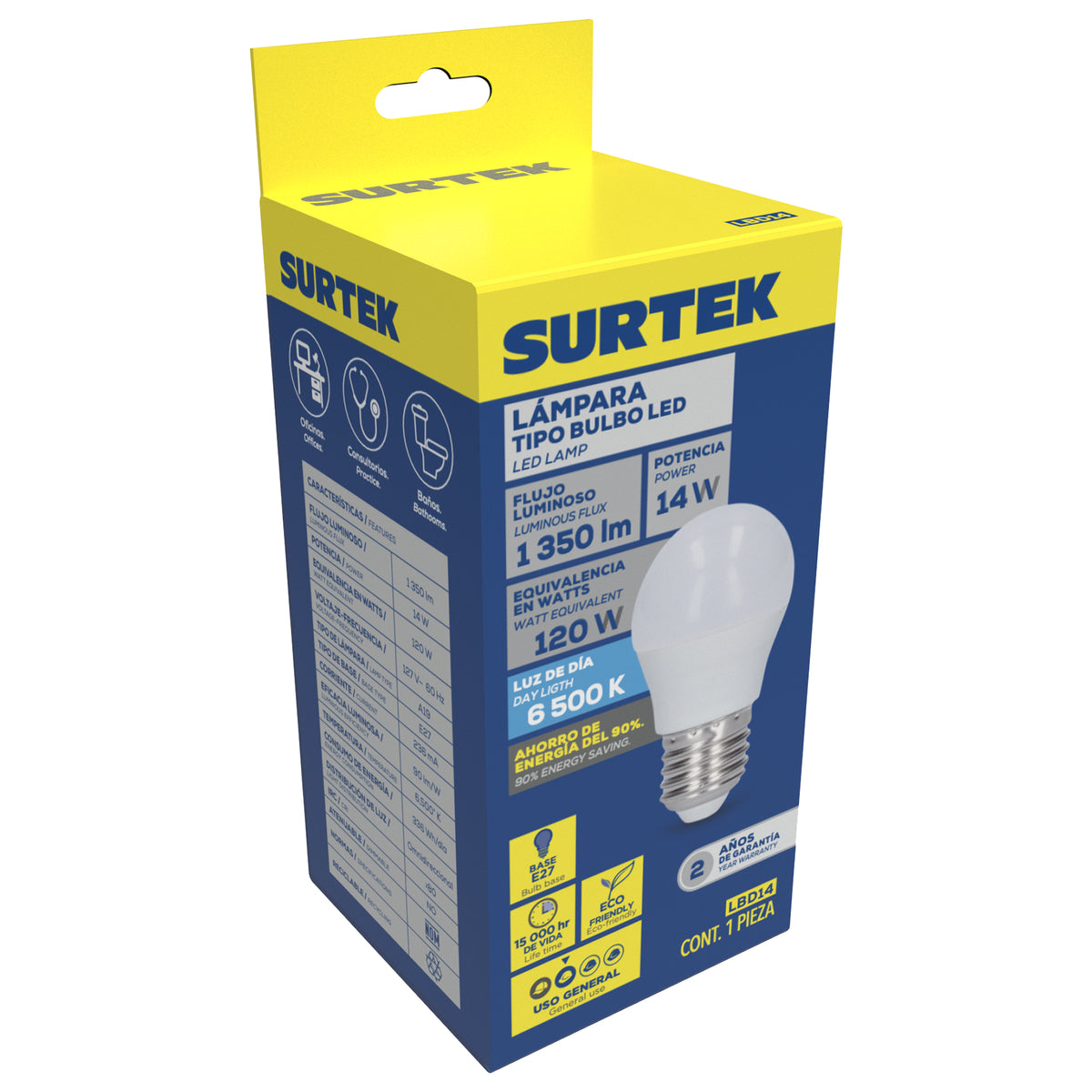 LÁMPARA DE LED TIPO BULBO A19, 14 W LUZ DE DÍA SURTEK LBD14