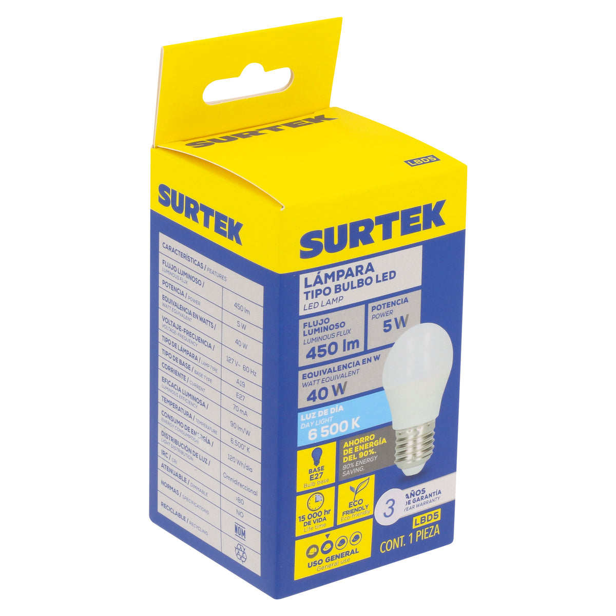 LÁMPARA DE LED TIPO BULBO A19, 5 W LUZ DE DÍA SURTEK LBD5