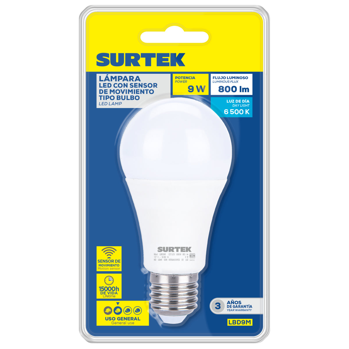 LÁMPARA DE LED TIPO BULBO A19, 9 W LUZ DE DÍA CON SENSOR DE MOVIMIENTO SURTEK