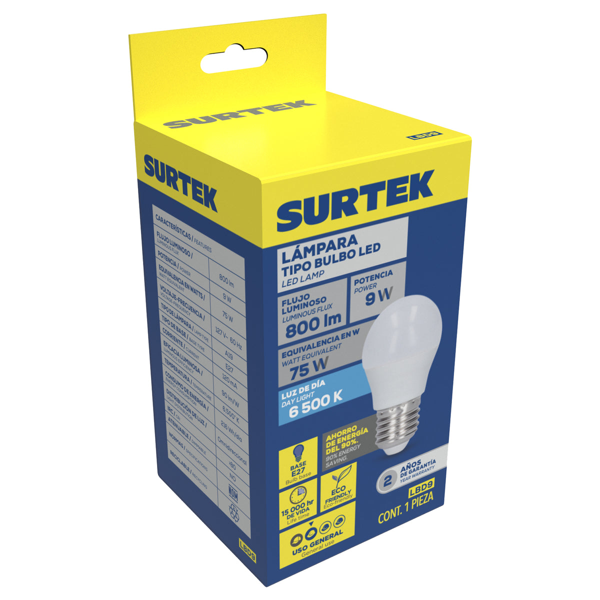 LÁMPARA DE LED TIPO BULBO A19, 9 W LUZ DE DÍA SURTEK LBD9