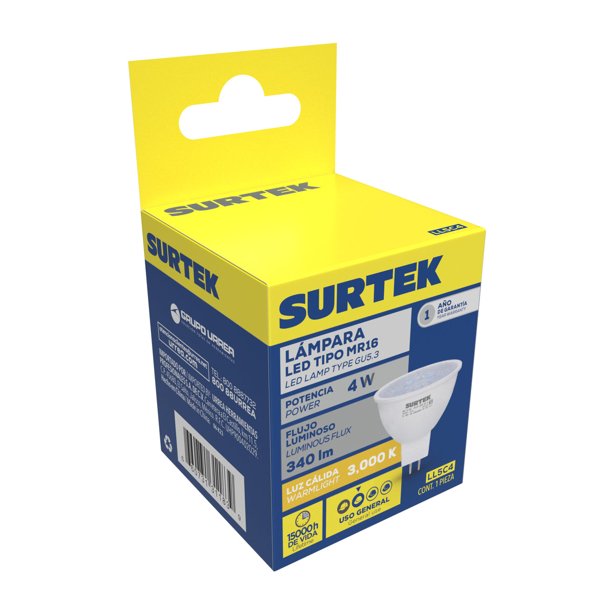 LÁMPARA DE LED TIPO GU5.3, 4 W LUZ CÁLIDA SURTEK