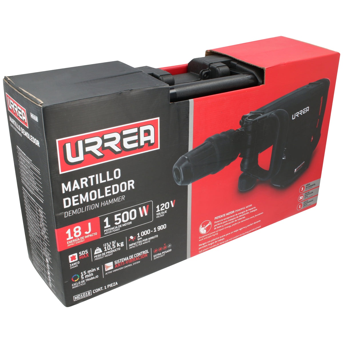 MARTILLO DEMOLEDOR CON CONTROL ANTIVIBRACIÓN, SDS MAX 1500W, 120V, 18J, 1000 - 1900 IPM URREA