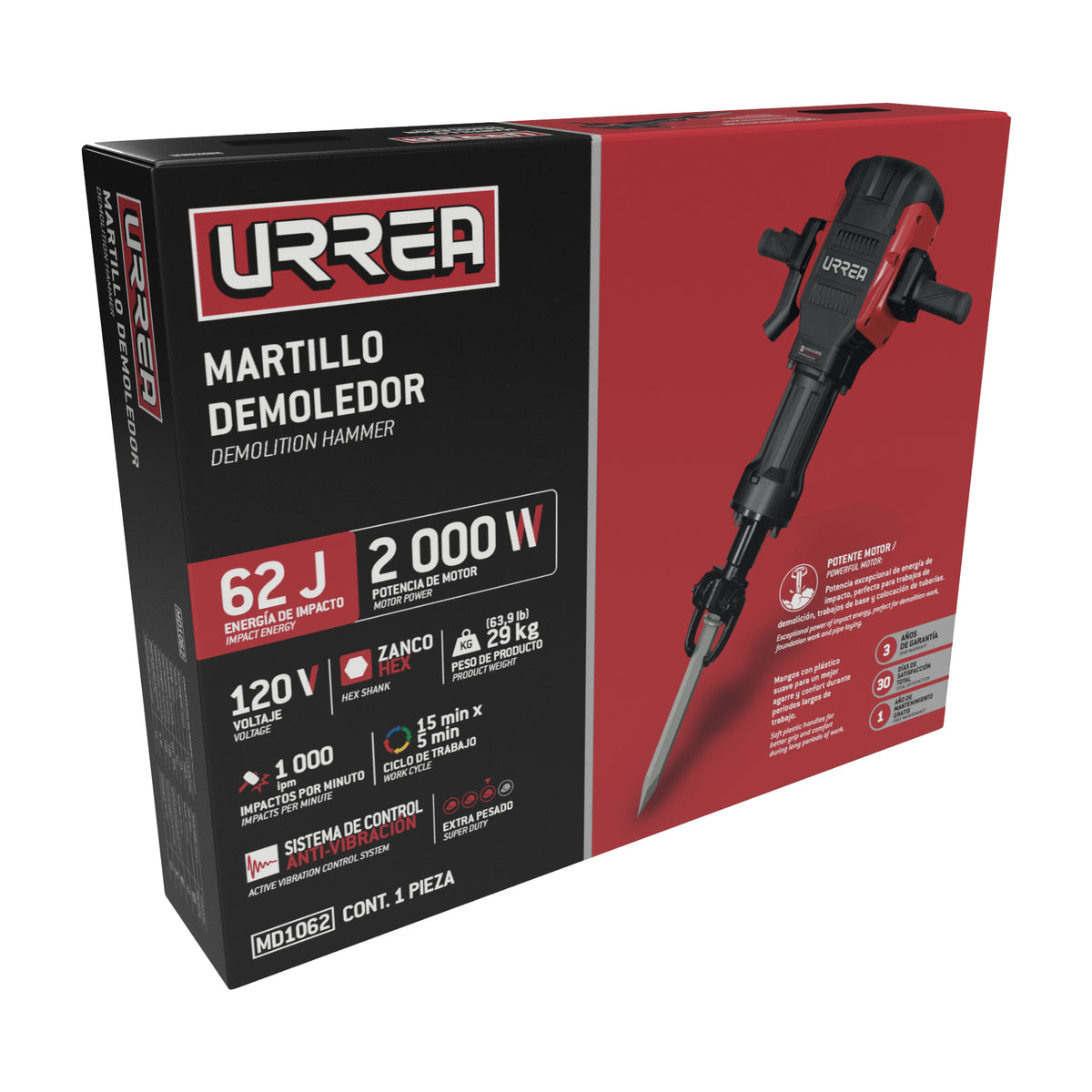 MARTILLO DEMOLEDOR CON CONTROL ANTIVIBRACIÓN, ZANCO HEXAGONAL 2000W, 120V, 62J, 1000 IPM URREA